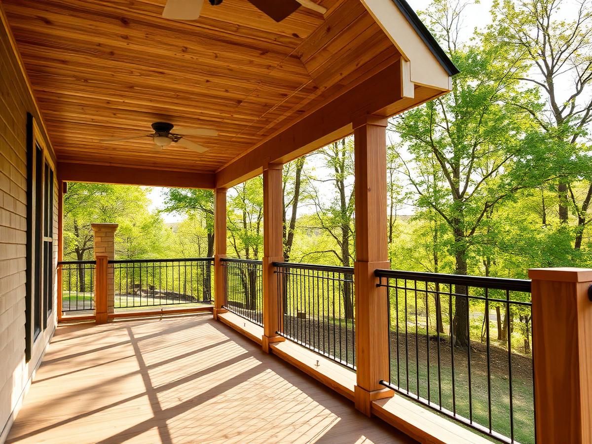 Covered porch with cedar posts, tongue-and-groove ceiling and railing